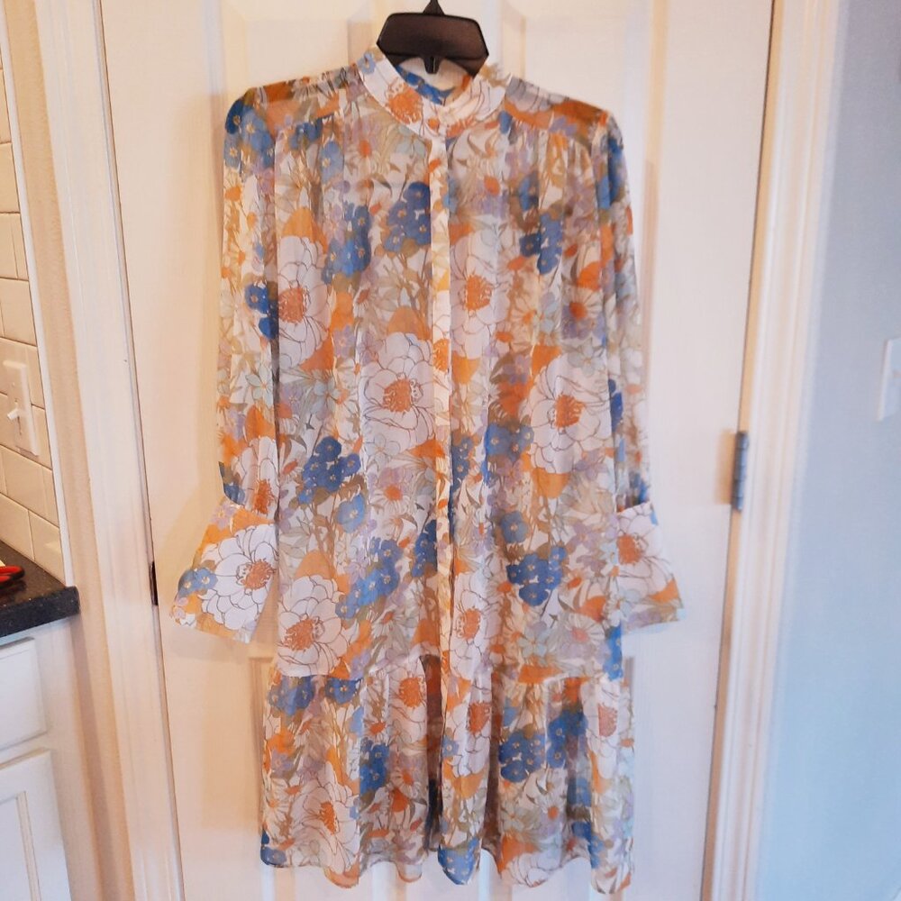 Setre Sheer Floral Dress with Bottom Ruffle, Size 4